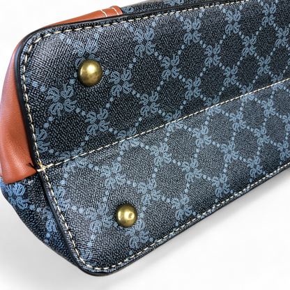 Printed CHARCOAL BLACK PU Leather Cotton Road Handbag with TAN Trim