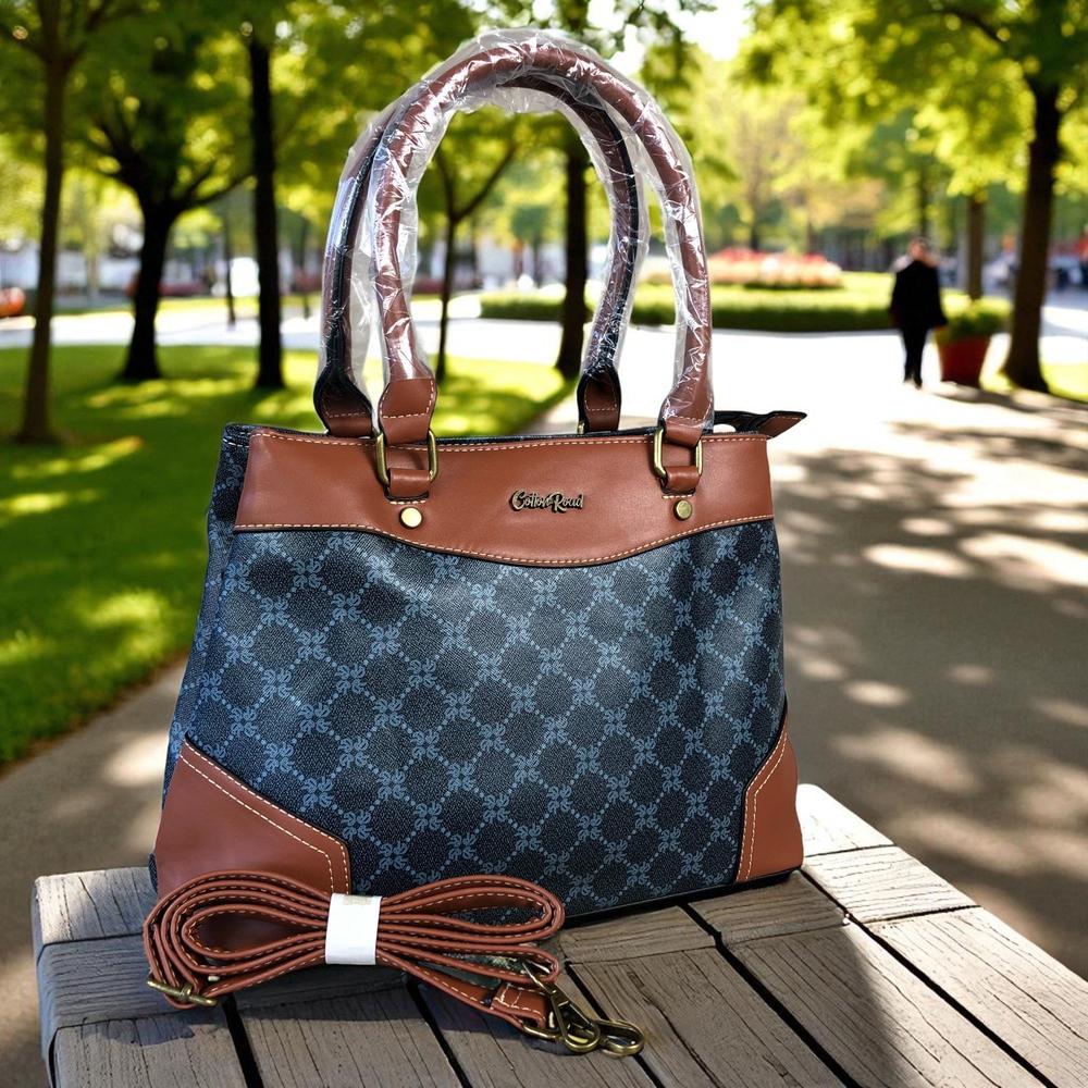 Printed CHARCOAL BLACK PU Leather Cotton Road Handbag with TAN Trim