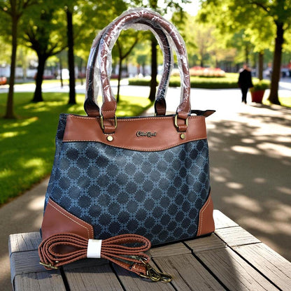 Printed CHARCOAL BLACK PU Leather Cotton Road Handbag with TAN Trim