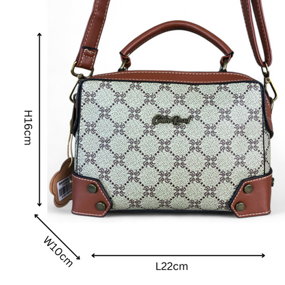 Printed KHAKI Cotton Road PU Leather Sling Bag with TAN Trim