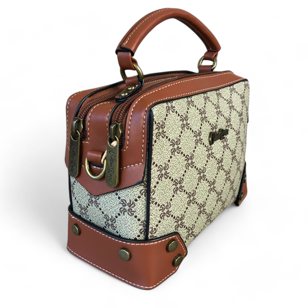 Printed KHAKI Cotton Road PU Leather Sling Bag with TAN Trim