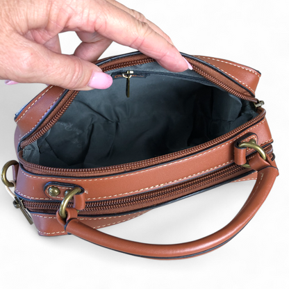 Printed KHAKI Cotton Road PU Leather Sling Bag with TAN Trim