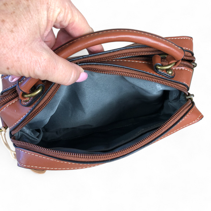 Printed KHAKI Cotton Road PU Leather Sling Bag with TAN Trim