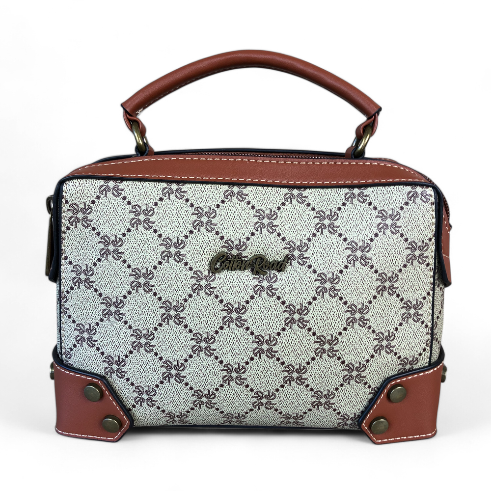 Printed KHAKI Cotton Road PU Leather Sling Bag with TAN Trim