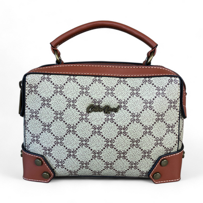 Printed KHAKI Cotton Road PU Leather Sling Bag with TAN Trim