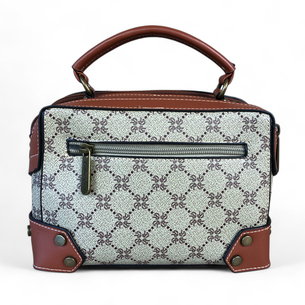 Printed KHAKI Cotton Road PU Leather Sling Bag with TAN Trim