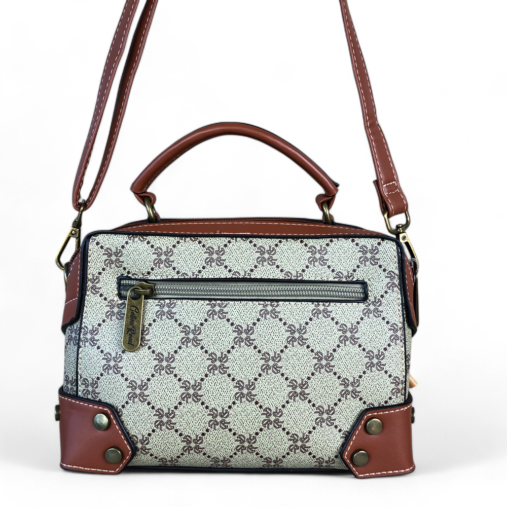 Printed KHAKI Cotton Road PU Leather Sling Bag with TAN Trim