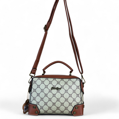 Printed KHAKI Cotton Road PU Leather Sling Bag with TAN Trim