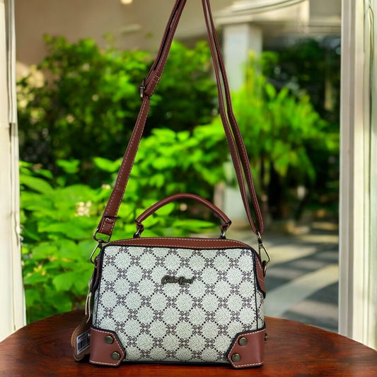 Printed KHAKI Cotton Road PU Leather Sling Bag with TAN Trim 