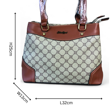 Printed KHAKI PU Leather Cotton Road Handbag with TAN Trim