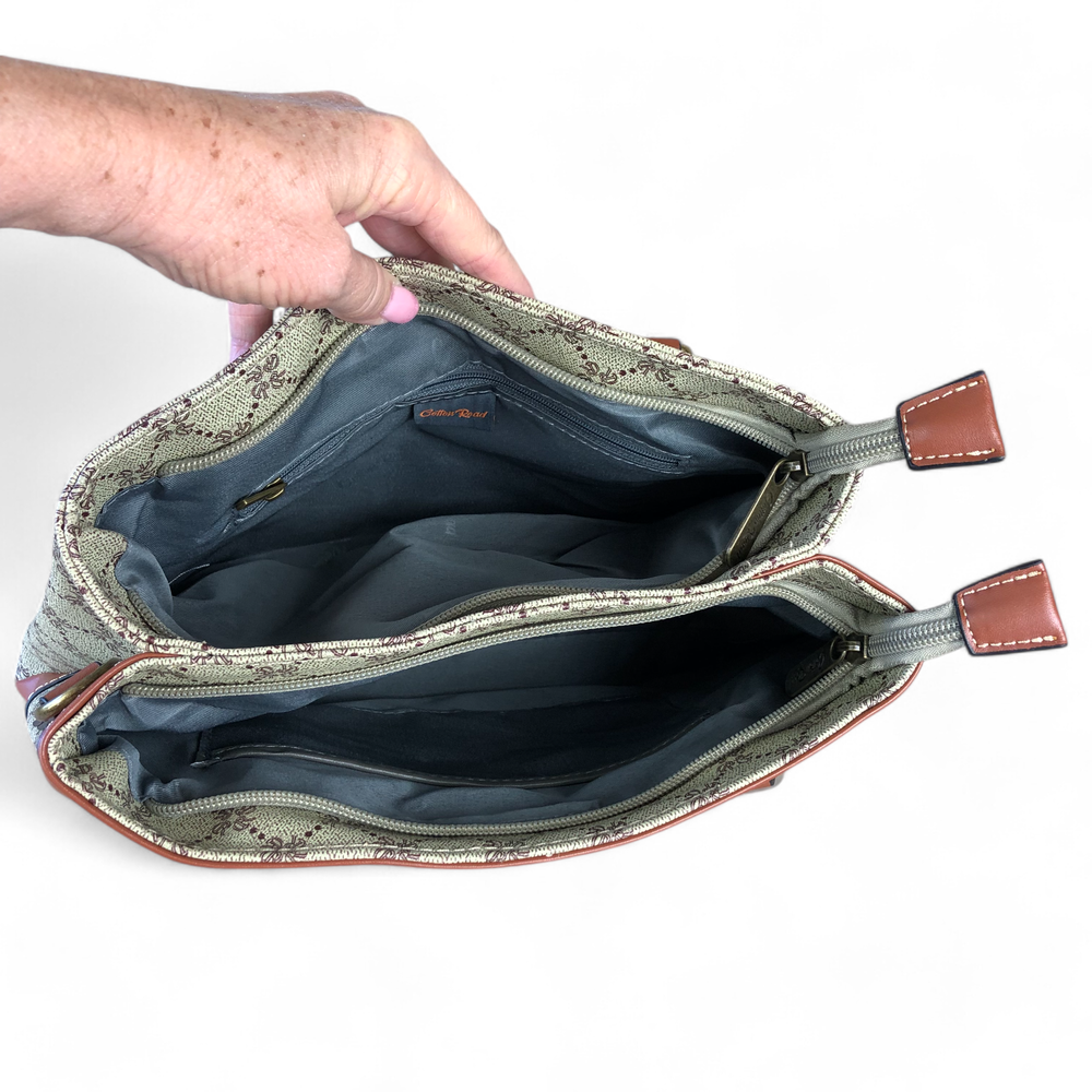 Printed KHAKI PU Leather Cotton Road Handbag with TAN Trim