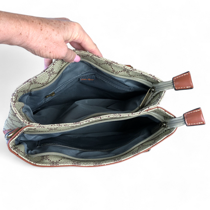 Printed KHAKI PU Leather Cotton Road Handbag with TAN Trim