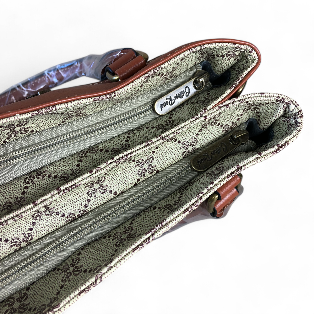 Printed KHAKI PU Leather Cotton Road Handbag with TAN Trim