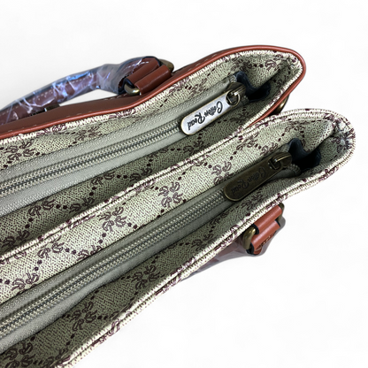 Printed KHAKI PU Leather Cotton Road Handbag with TAN Trim