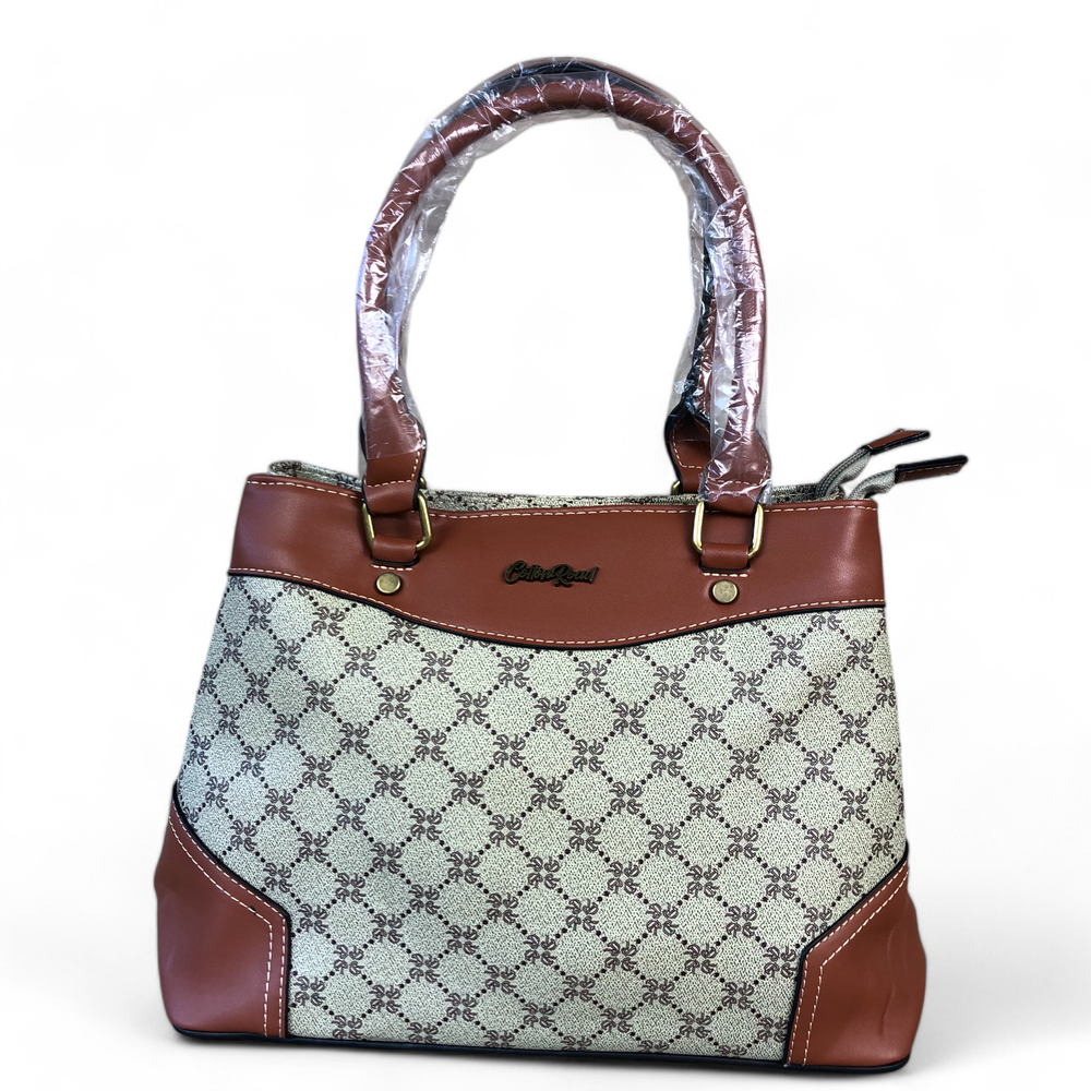 Printed KHAKI PU Leather Cotton Road Handbag with TAN Trim