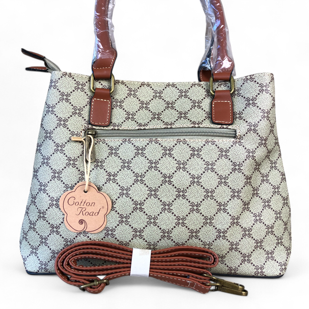 Printed KHAKI PU Leather Cotton Road Handbag with TAN Trim