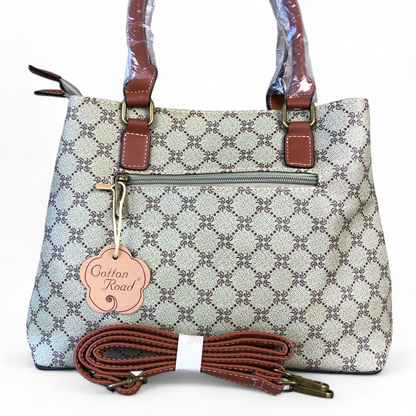 Printed KHAKI PU Leather Cotton Road Handbag with TAN Trim