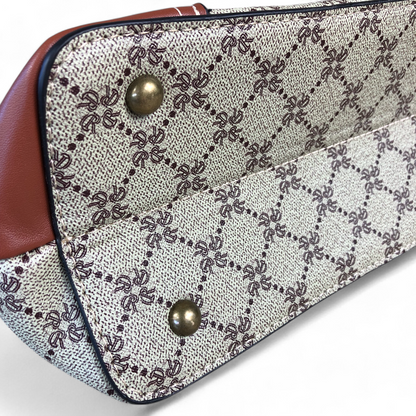 Printed KHAKI PU Leather Cotton Road Handbag with TAN Trim