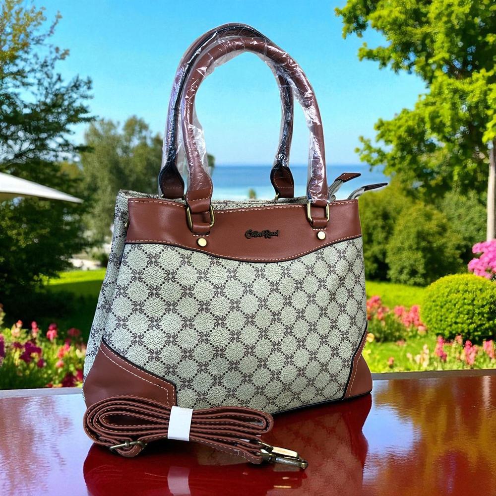 Printed KHAKI PU Leather Cotton Road Handbag with TAN Trim