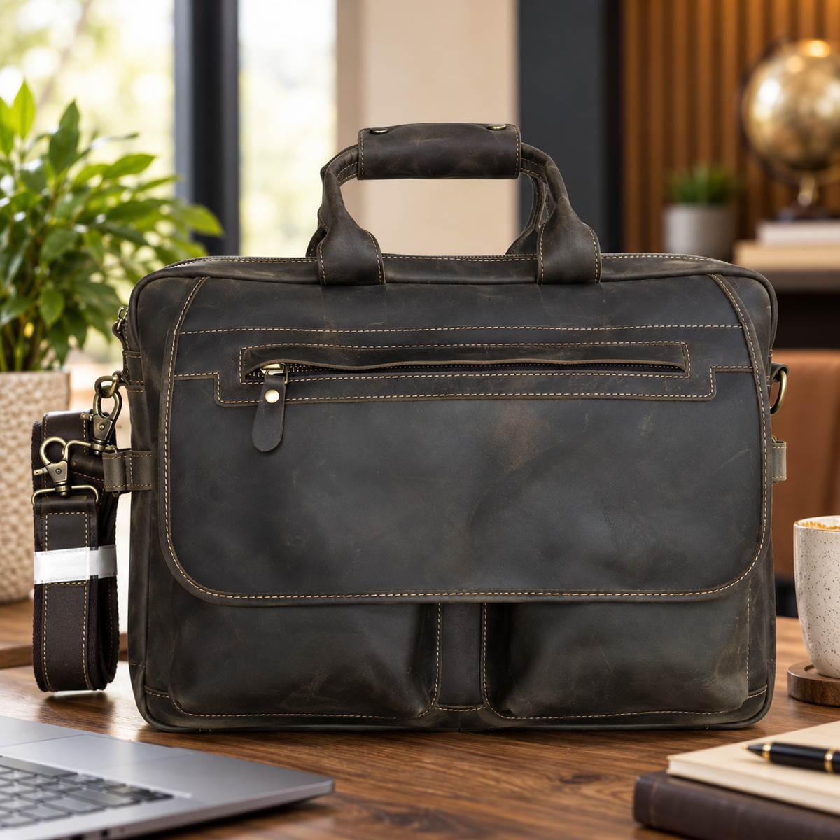 Vivace Laptop Bag: DARK COFFEE BROWN Genuine Leather Executive Work Bag