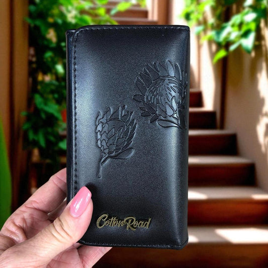 Small BLACK Tri-fold Cotton Road PU Leather Wallet with PROTEA Print