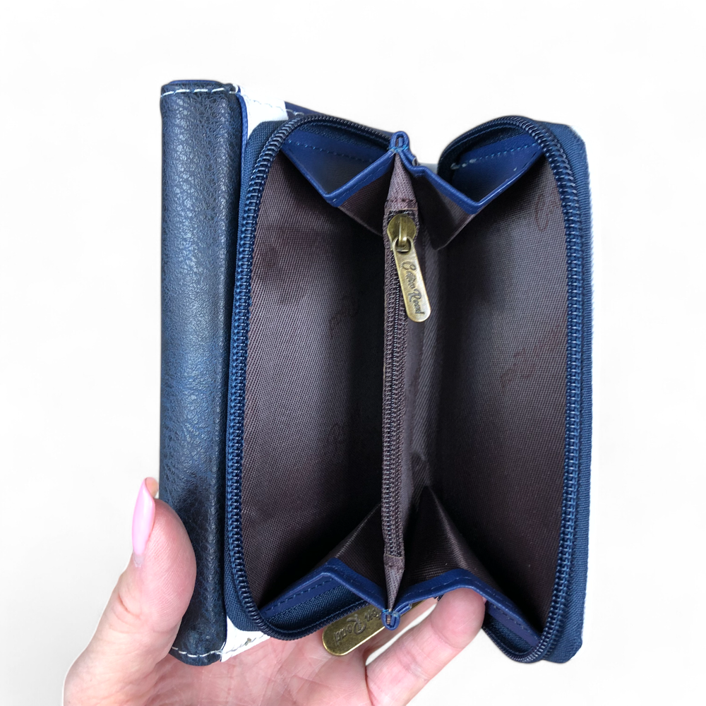 Small BLUE AND WHITE Striped PVC Cotton Road Tri-fold Wallet