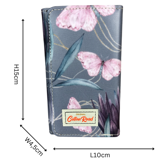 Small BLUE Cotton Road Tri-fold PVC Wallet with PROTEAS and BUTTERFLIES