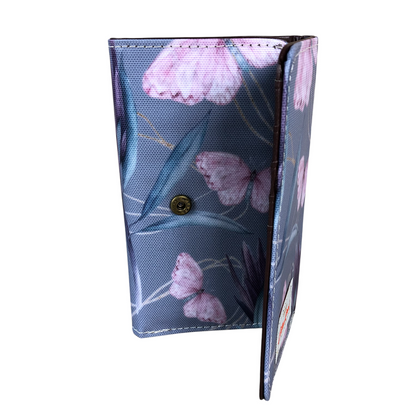 Small BLUE Cotton Road Tri-fold PVC Wallet with PROTEAS and BUTTERFLIES