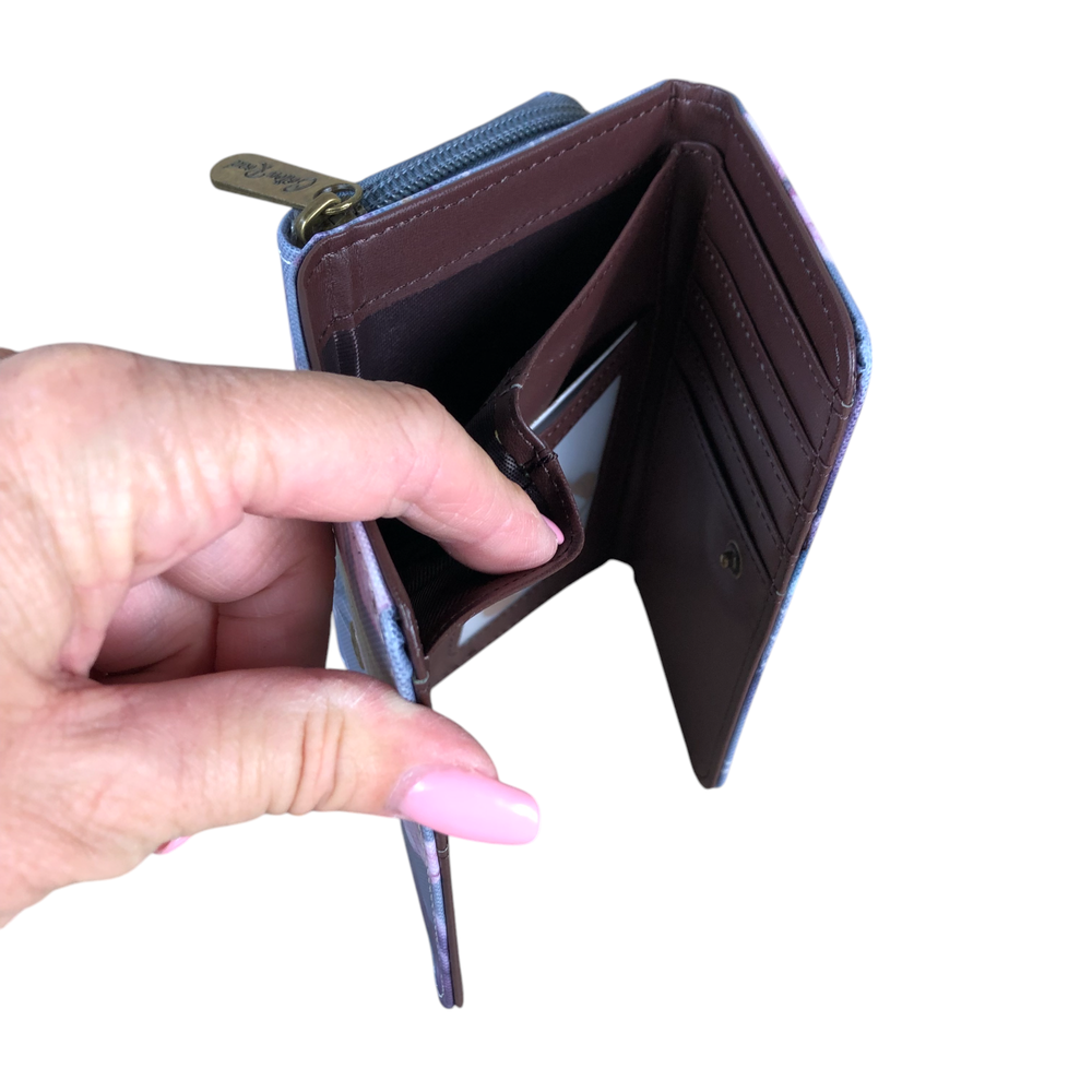 Small BLUE Cotton Road Tri-fold PVC Wallet with PROTEAS and BUTTERFLIES