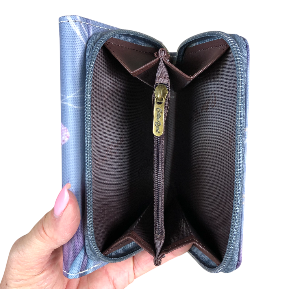 Small BLUE Cotton Road Tri-fold PVC Wallet with PROTEAS and BUTTERFLIES