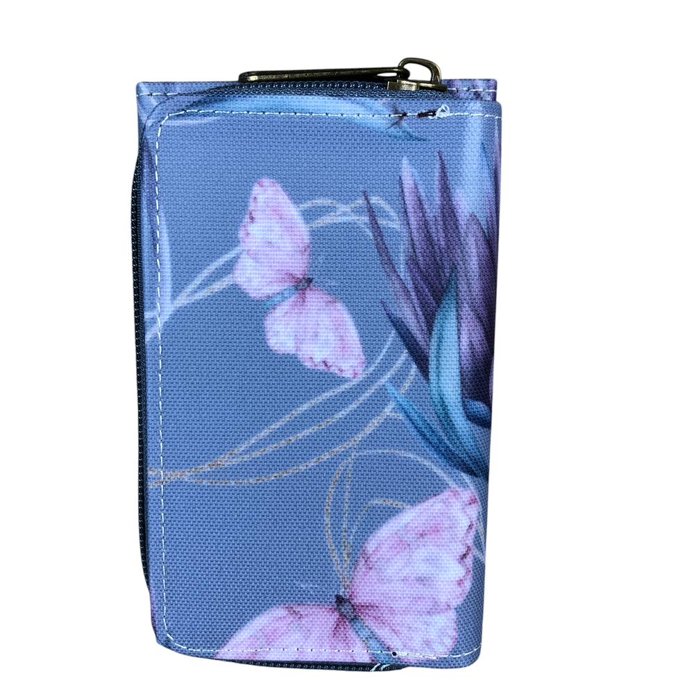 Small BLUE Cotton Road Tri-fold PVC Wallet with PROTEAS and BUTTERFLIES