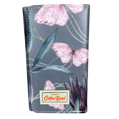 Small BLUE Cotton Road Tri-fold PVC Wallet with PROTEAS and BUTTERFLIES