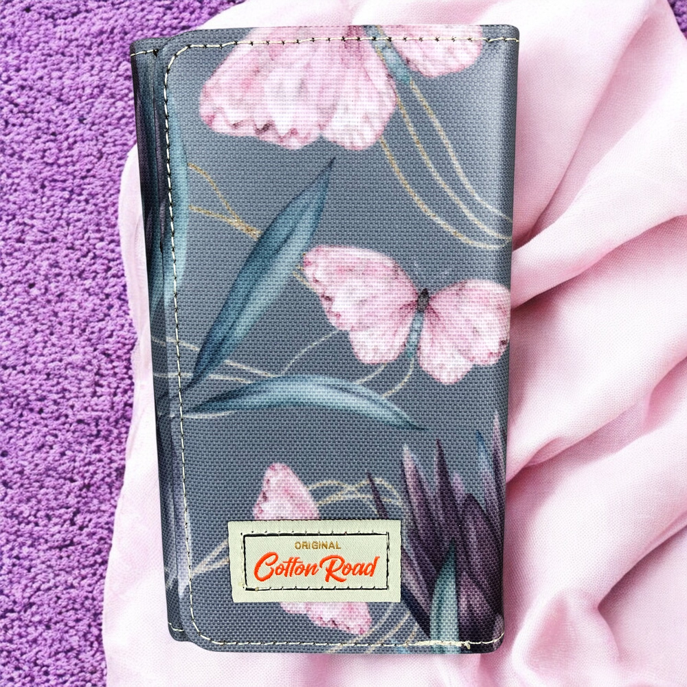 Small BLUE Cotton Road Tri-fold PVC Wallet with PROTEAS and BUTTERFLIES