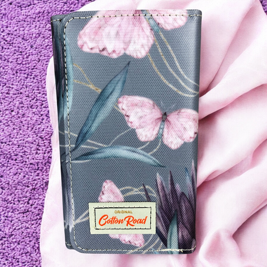 Small BLUE Cotton Road Tri-fold PVC Wallet with PROTEAS and BUTTERFLIES