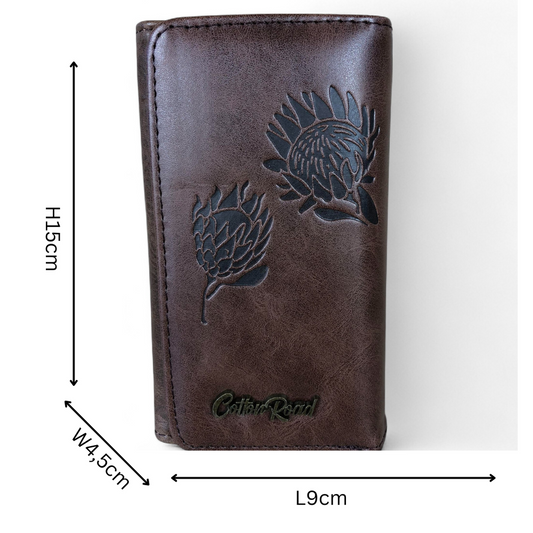 Small BROWN Tri-fold Cotton Road PU Leather Wallet with PROTEA Print