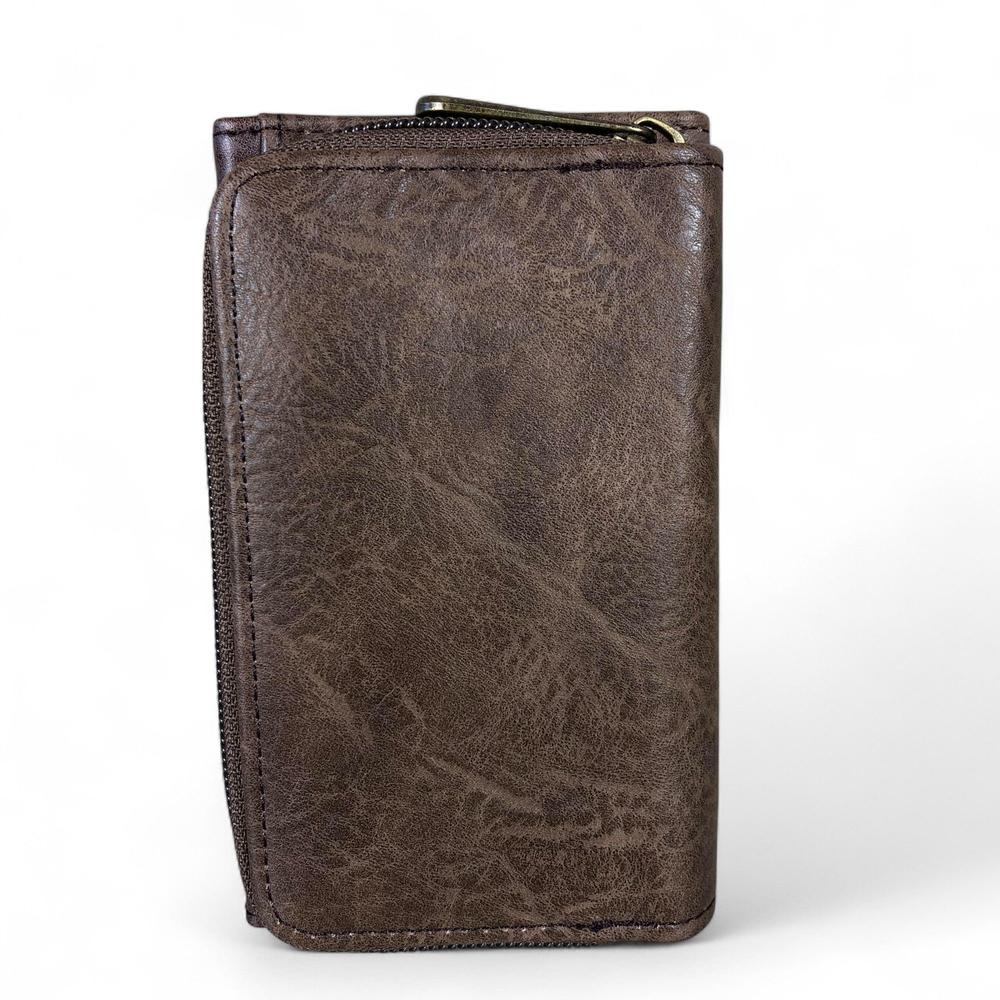 Small BROWN Tri-fold Cotton Road PU Leather Wallet with PROTEA Print