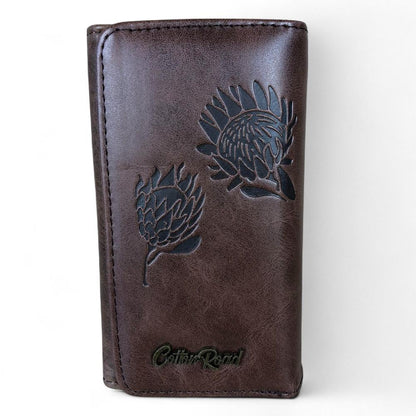 Small BROWN Tri-fold Cotton Road PU Leather Wallet with PROTEA Print