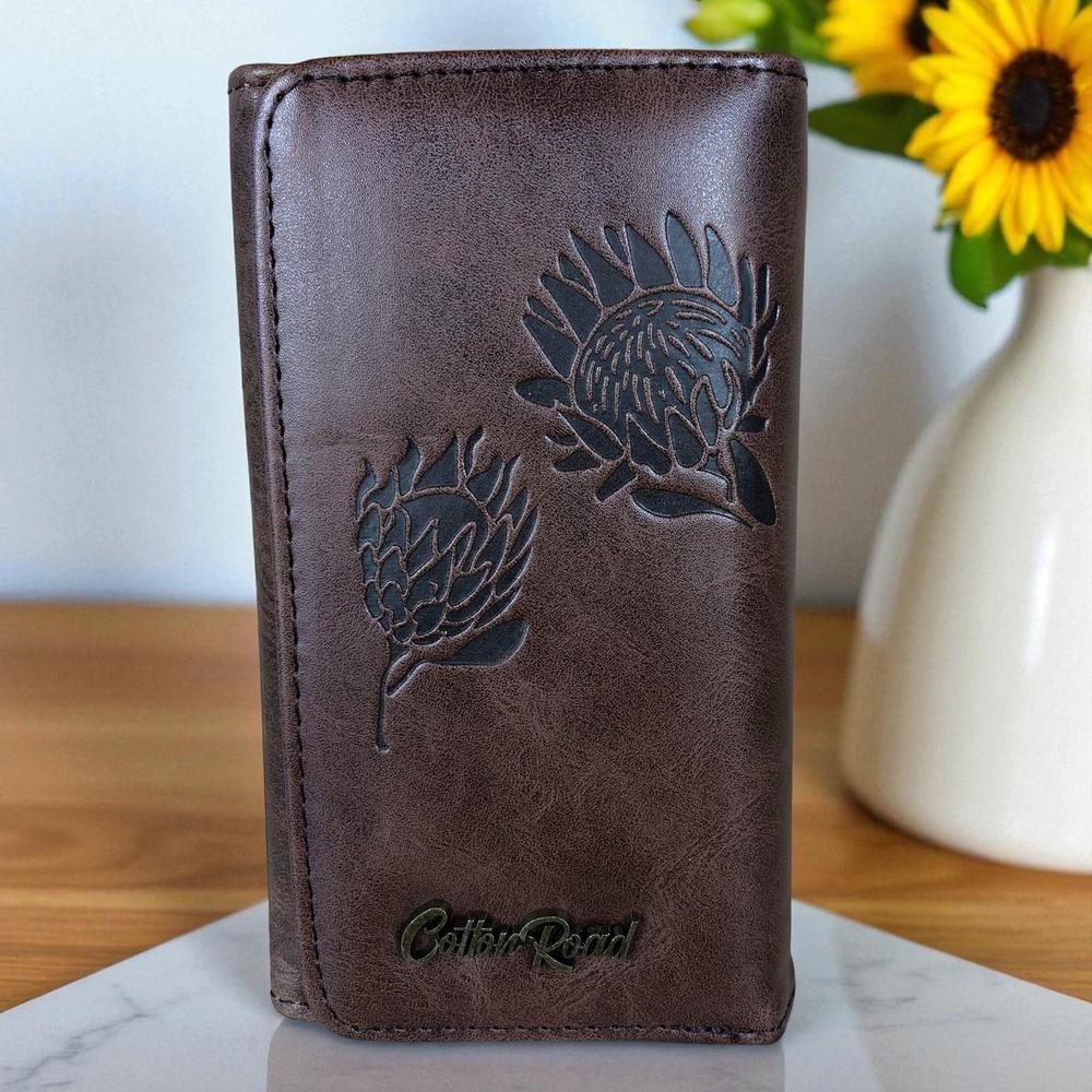 Small BROWN Tri-fold Cotton Road PU Leather Wallet with PROTEA Print