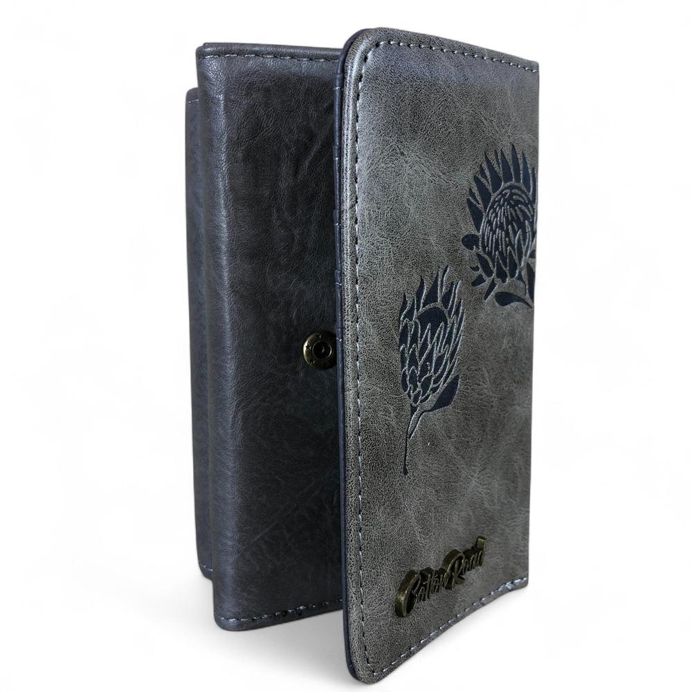 Small GREY Tri-fold Cotton Road PU Leather Wallet with PROTEA Print