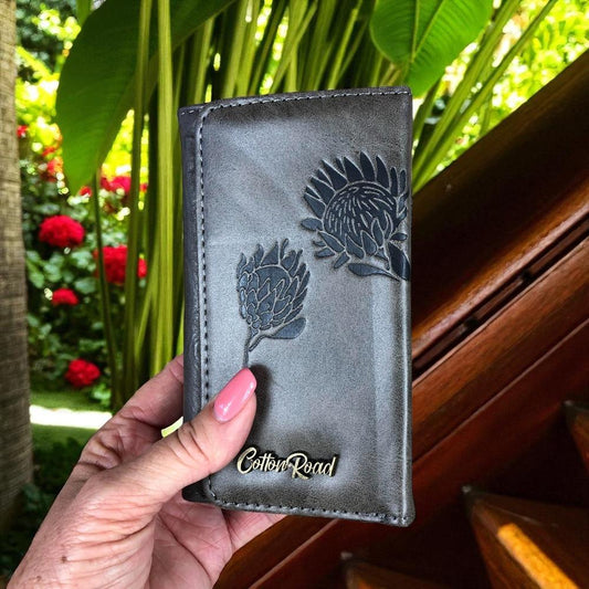 Small GREY Tri-fold Cotton Road PU Leather Wallet with PROTEA Print