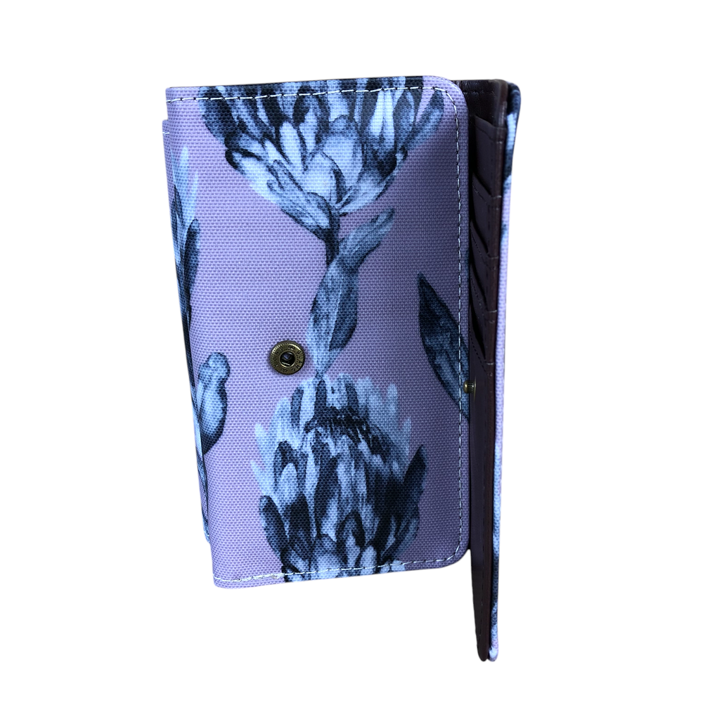 Small PURPLE Cotton Road Tri-fold PVC Wallet with PROTEAS