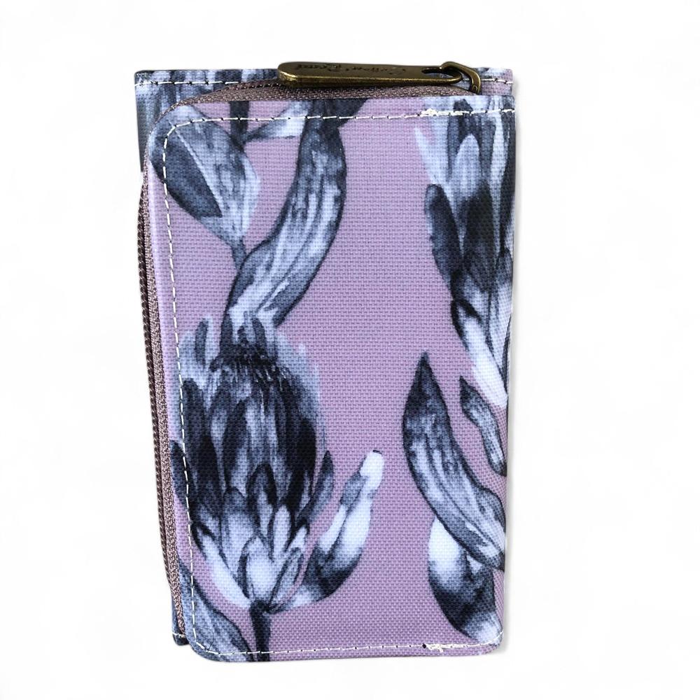 Small PURPLE Cotton Road Tri-fold PVC Wallet with PROTEAS