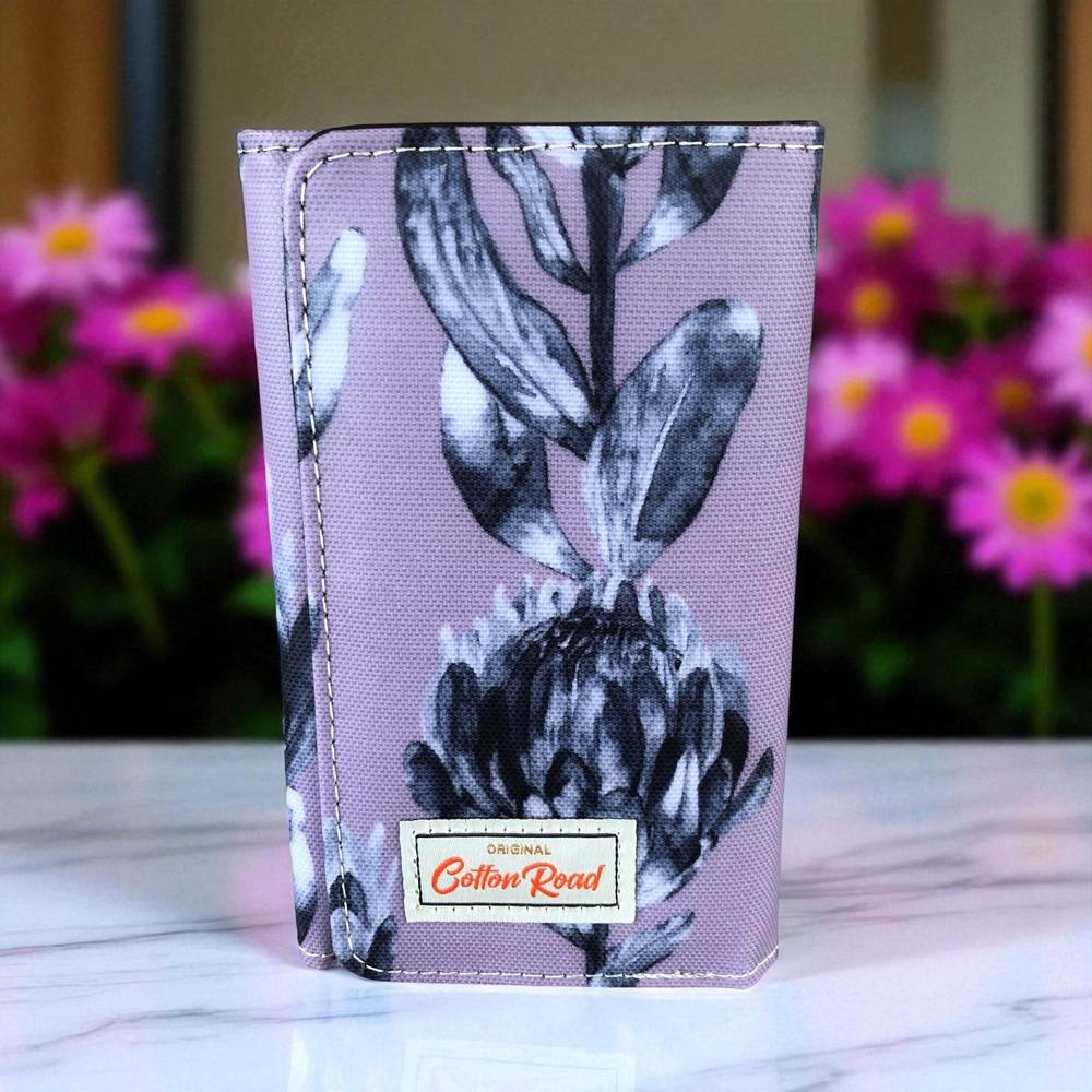 Small PURPLE Cotton Road Tri-fold PVC Wallet with PROTEAS