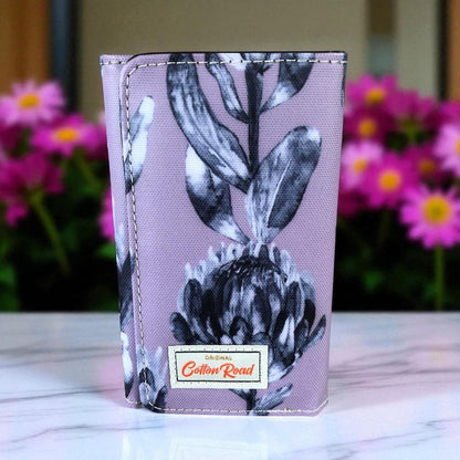 Small PURPLE Cotton Road Tri-fold PVC Wallet with PROTEAS