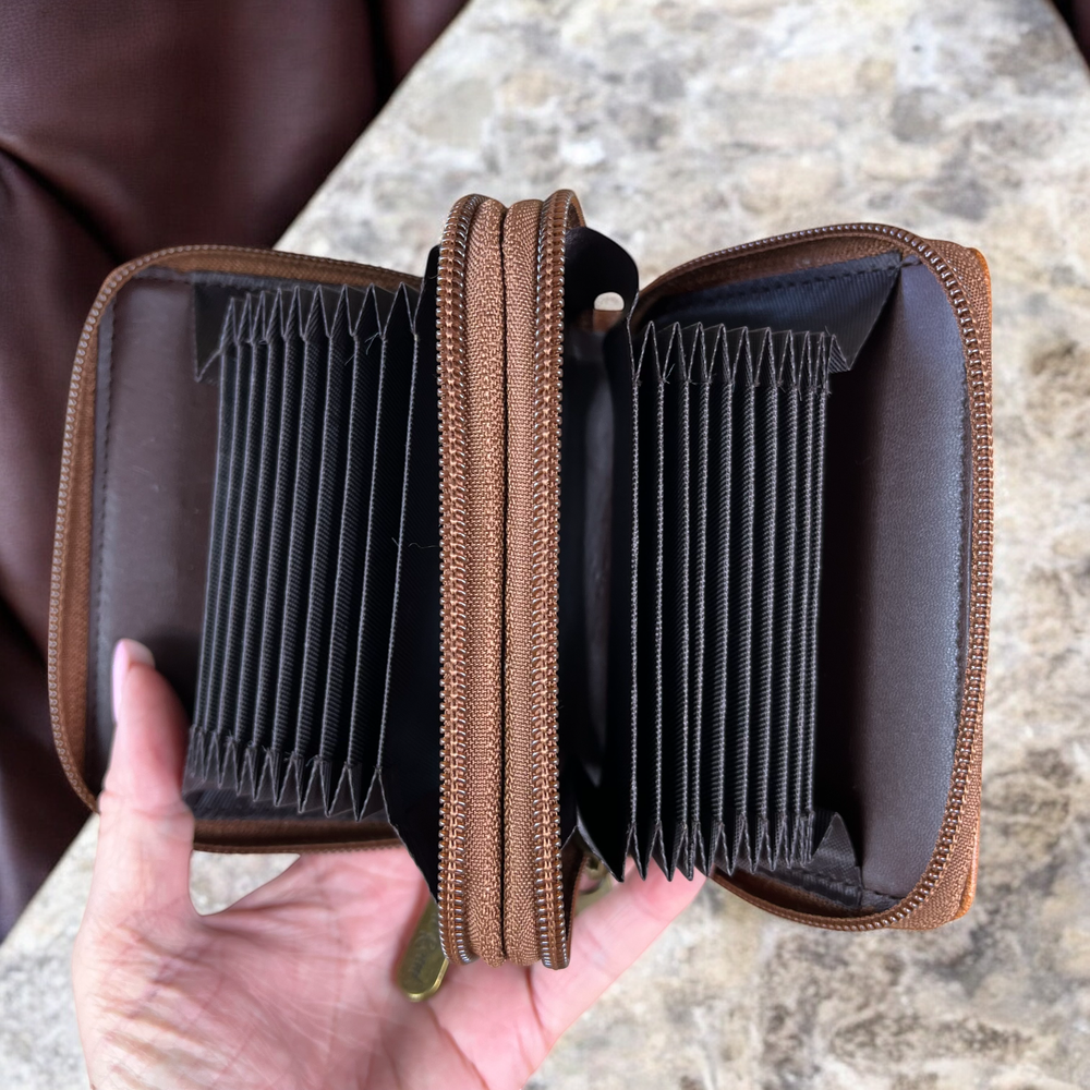 Small TAN BROWN Cotton Road PU Leather CARD HOLDER open