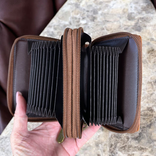 Small TAN BROWN Cotton Road PU Leather CARD HOLDER open