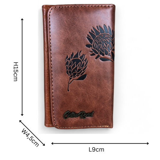 Small TAN BROWN Tri-fold Cotton Road PU Leather Wallet with PROTEA Print