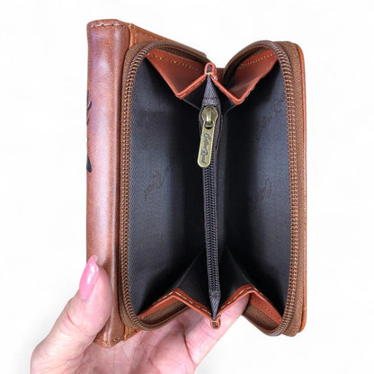 Small TAN BROWN Tri-fold Cotton Road PU Leather Wallet with PROTEA Print