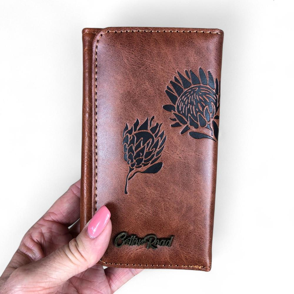 Small TAN BROWN Tri-fold Cotton Road PU Leather Wallet with PROTEA Print