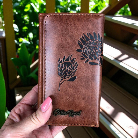 Small TAN BROWN Tri-fold Cotton Road PU Leather Wallet with PROTEA Print